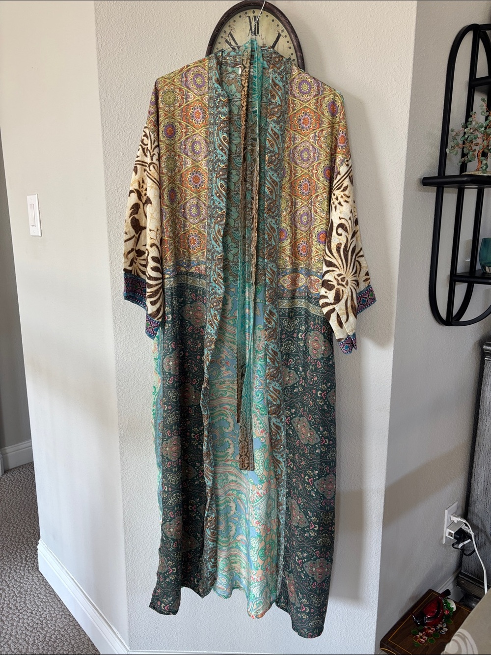 Boho Teal & Cream Long Open Kimono Duster